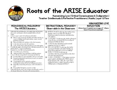    Roots of the ARISE Educator Humanizing Love | Critical Consciousness & Indignation | Teacher Intellectuals & Reflective Practitioners | Hustle, Layer & Flow