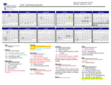 Approved: December 20, 2017 Revised: February 21,  – 2019 School Calendar  July