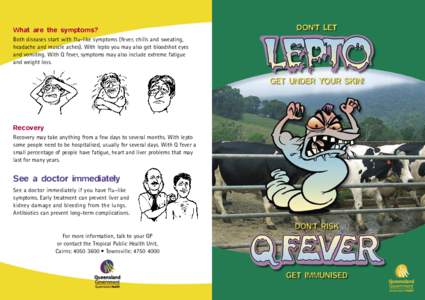 What are the symptoms? Both diseases start with flu-like symptoms (fever, chills and sweating, headache and muscle aches). With lepto you may also get bloodshot eyes and vomiting. With Q fever, symptoms may also include 