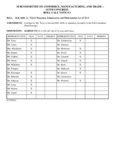 SUBCOMMITTEE ON COMMERCE, MANUFACTURING, AND TRADE -113TH CONGRESS ROLL CALL VOTE # 3 BILL: H.R. 4450, the “Travel Promotion, Enhancement, and Modernization Act of 2014”