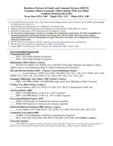 Bachelor of Science in Family and Consumer Sciences (BSFCS) Consumer Affairs (Consumer Affairs Option) With Any Minor Academic Program Sheet 2015 Texas State GPA: 2.00 Major GPA: 2.25 Minor GPA: 2.00  If you did NOT e