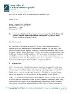 Sent via ELECTRONIC MAIL to [removed]  August 19, 2014 Jeanine Townsend, Clerk to the Board State Water Resources Control Board