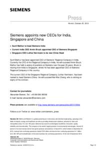 Press Release: Siemens appoints new CEOs for India, Singapore and China