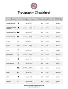 Typography Cheatsheet Character Opening Single Quote  Closing Single Quote &