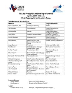 Texas Freight Leadership Summit April 3, 2014, 8:00 a.m. Hyatt Regency Hotel, Houston, Texas Speakers and Moderators  Name