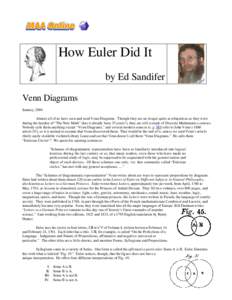 How Euler Did It by Ed Sandifer Venn Diagrams January, 2004 Almost all of us have seen and used Venn Diagrams. Though they are no longer quite as ubiquitous as they were during the heyday of “The New Math” (has it al
