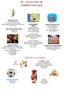 Kinderspeisekarte Children‘s menu card CHICKEN LITTLE Chicken Nuggets mit Twister Frites und Karotten