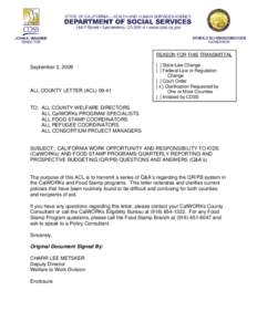 REASON FOR THIS TRANSMITTAL  September 2, 2009 ALL COUNTY LETTER (ACL[removed]