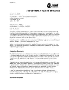 www.saif.com  INDUSTRIAL HYGIENE SERVICES January 11, 2013 David Poston – Central Services Administrator/CFO Public Utility Commission