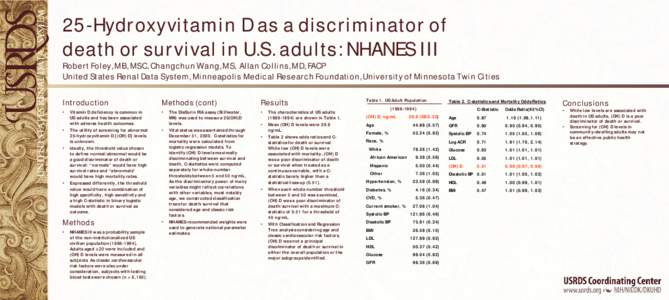 25-Hydroxyvitamin D as a discriminator of death or survival in U.S. adults: NHANES III Robert Foley, MB, MSC, Changchun Wang, MS, Allan Collins, MD, FACP United States Renal Data System, Minneapolis Medical Research Foun