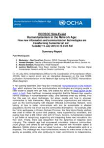 Humanitarianism in the Network Age #HINA ECOSOC Side-Event Humanitarianism in the Network Age: How new information and communication technologies are