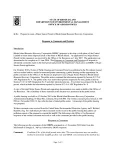 STATE OF RHODE ISLAND DEPARTMENT OF ENVIRONMENTAL MANAGEMENT OFFICE OF AIR RESOURCES In Re: Proposal to issue a Major Source Permit to Rhode Island Resource Recovery Corporation