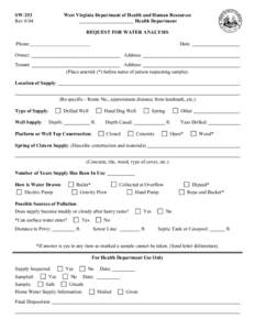 SW[removed]Request for Water Analysis Form (fill-in form)