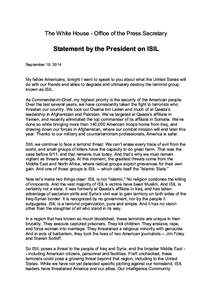 The White House - Office of the Press Secretary  Statement by the President on ISIL September 10, 2014  My fellow Americans, tonight I want to speak to you about what the United States will