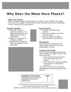 Why Does the Moon Have Phases? About the Ac tivity Using a simple 3D model, allow participants to discover why the Moon has phases. This is one of the biggest misconceptions about the night sky and a very rewarding 