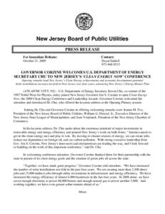 New Jersey Board of Public Utilities PRESS RELEASE For Immediate Release: October 21, 2009  Contact: