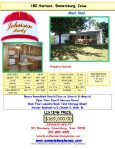 102 Harrison, Emmetsburg, Iowa Must See! Property Details: YEAR BUILT