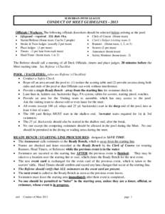 SUBURBAN SWIM LEAGUE  CONDUCT OF MEET GUIDELINESOfficials / Workers: The following officials &workers should be selected before arriving at the pool:  