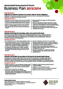 Mental Health Review Board of Victoria  Business Plan 2O13/2O14 Priority Area 1	 Implement our statutory functions in accordance with our Charter obligations. The Board’s core business is to perform its functions as se