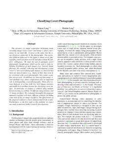 Classifying Covert Photographs Haitao Lang1,2 Haibin Ling2 1 Dept. of Physics & Electronics, Beijing University of Chemical Technology, Beijing, China, [removed]