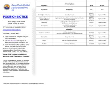 Camp Verde Unified School District No. 28 POSITION NOTICE 410 Camp Lincoln Road