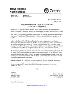 News Release Communiqué Ministry of the Attorney General  Ministère du