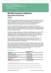 Weekly Economic Indicators: Queensland and Australia[removed]Summary The[removed]Federal Budget of 14 May has estimated a cash deficit of $19.4 billion in[removed], reflecting worsening revenue receipts for Australia in 