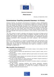 EUROPEAN COMMISSION  PRESS RELEASE Brussels, 26 September[removed]Commissioner Vassiliou presents Erasmus+ in France
