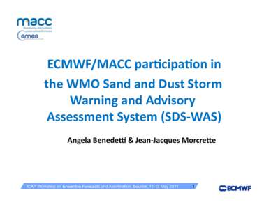 ECMWF/MACC	
  par,cipa,on	
  in	
   the	
  WMO	
  Sand	
  and	
  Dust	
  Storm	
   Warning	
  and	
  Advisory	
   Assessment	
  System	
  (SDS-­‐WAS)	
   Angela	
  BenedeC	
  &	
  Jean-­‐Jacques	
