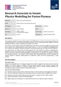 Research Associate in Atomic Physics Modelling for Fusion Plasmas Department Physics (www.strath.ac.uk/physics/)