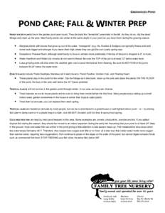 GREENHOUSE-POND  POND CARE: FALL & WINTER PREP HARDY WATER PLANTS live in the garden pond year round. They die back like “terrestrial” perennials in the fall. As they do so, clip the dead foliage and clean up the pot