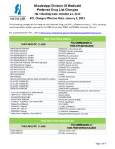 Mississippi Division Of Medicaid Preferred Drug List Changes P&T Meeting Date: October 21, 2014 PDL Changes Effective Date: January 1, 2015 The following changes will be made to the Preferred Drug List (PDL), effective J