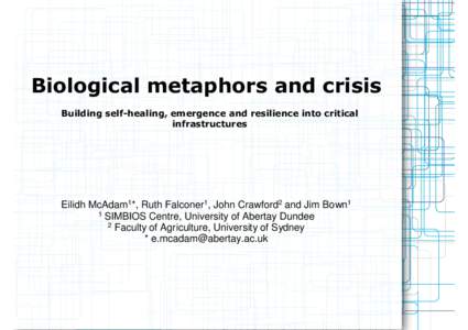 Biological metaphors and crisis Building self-healing, emergence and resilience into critical infrastructures Eilidh McAdam1*, Ruth Falconer1, John Crawford2 and Jim Bown1 1 SIMBIOS Centre, University of Abertay Dundee