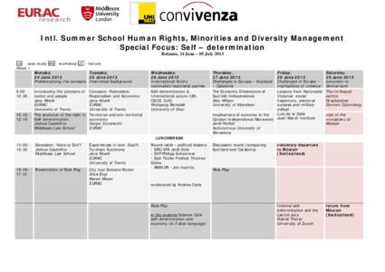 Intl. Summer School Human Rights, Minorities and Diversity Management Special Focus: Self – determination Bolzano, 24 June – 05 July 2013 CS - case study WS - workshop LE Week 1: Monday, 24 June 2013