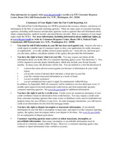 Para informacion en espanol, visite www.ftc.gov/credit o escribe a la FTC Consumer Response Center, Room 130-A 600 Pennsylvania Ave. N.W., Washington, D.C[removed]A Summary of Your Rights Under the Fair Credit Reporting 