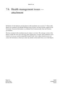 Attach7A.xls  7A Health management issues — attachment  Definitions for the indicators and descriptors in this attachment are in section 7.4. Data in this