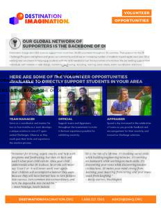 VOLUNTEER OPPORTUNITIES OUR GLOBAL NETWORK OF SUPPORTERS IS THE BACKBONE OF DI Destination Imagination (DI) receives support from more than 38,000 volunteers throughout 30 countries. Their passion for the DI