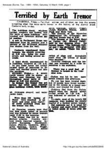 Advocate (Burnie, Tas. : [removed]), Saturday 12 March 1949, page 1  by Earth -CANBERRA, Friday.-Terrified women the worst earth tremor