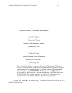 Adolescent Literacy Development and Instruction  p. 1 Adolescent Literacy: Development and Instruction