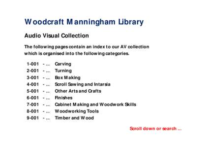 Woodcraft Manningham Library Audio Visual Collection The following pages contain an index to our AV collection which is organised into the following categories[removed]