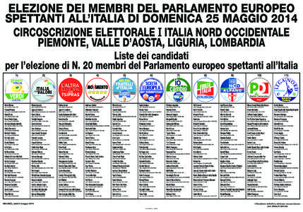 ELEZIONE DEI MEMBRI DEL PARLAMENTO EUROPEO SPETTANTI ALL’ITALIA DI DOMENICA 25 MAGGIO 2014 CIRCOSCRIZIONE ELETTORALE I ITALIA NORD OCCIDENTALE PIEMONTE, VALLE D’AOSTA, LIGURIA, LOMBARDIA  Liste dei candidati