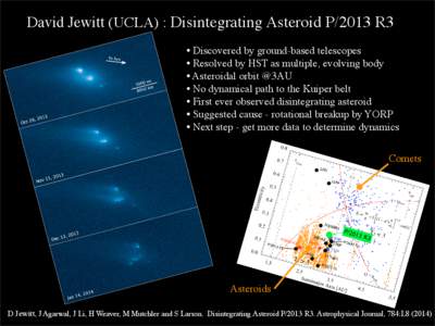 David Jewitt (UCLA) : Disintegrating Asteroid P/2013 R3 • Discovered by ground-based telescopes • Resolved by HST as multiple, evolving body • Asteroidal orbit @3AU • No dynamical path to the Kuiper belt • Fi