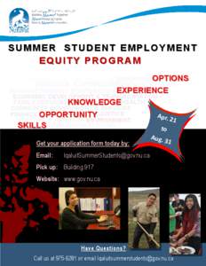 SUMMER STUDENT EMPLOYMENT EQUITY PROGRAM NUNAVUT ARCTIC COLLEGE EDUCATION OPTIONS EXECUTIVE & INTERGOVERNMENTAL AFFAIRS NUNAVUT HOUSING CORPORATION EXPERIENCE ECONOMIC DEVELOPMENT & TRANSPORTATION