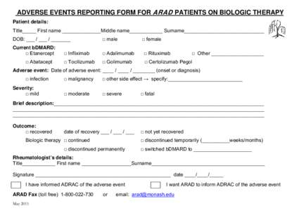 ADVERSE EVENTS REPORTING FORM FOR ARAD PATIENTS ON BIOLOGIC THERAPY