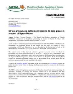 News release - MFDA announces settlement hearing to take place in respect of Byron Daues