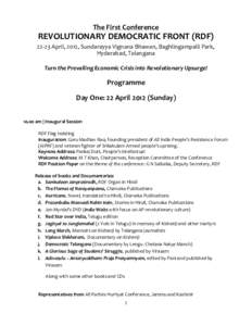 The First Conference  REVOLUTIONARY DEMOCRATIC FRONT (RDFApril, 2012, Sundarayya Vignana Bhawan, Baghlingampalli Park, Hyderabad, Telangana Turn the Prevailing Economic Crisis into Revolutionary Upsurge!