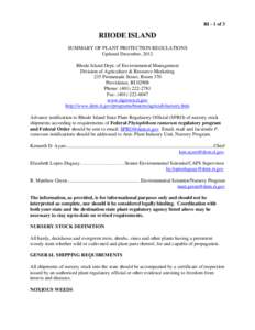 RI - 1 of 3  RHODE ISLAND SUMMARY OF PLANT PROTECTION REGULATIONS Updated December, 2012 Rhode Island Dept. of Environmental Management