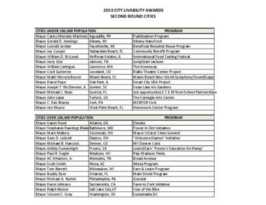 2013 CITY LIVABILITY AWARDS SECOND ROUND CITIES CITIES UNDER 100,000 POPULATION Mayor Carlos Mendez-Martinez Aguadilla, PR Mayor Gerald D. Jennings Albany, NY