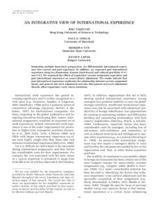 娀 Academy of Management Journal 2005, Vol. 48, No. 1, 85–100. AN INTEGRATIVE VIEW OF INTERNATIONAL EXPERIENCE RIKI TAKEUCHI Hong Kong University of Science & Technology