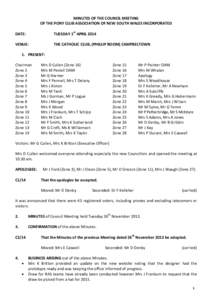 MINUTES OF THE COUNCIL MEETING OF THE PONY CLUB ASSOCIATION OF NEW SOUTH WALES INCORPORATED DATE: st TUESDAY 1 APRIL 2014